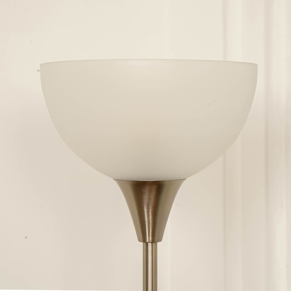 Divine Trends Uplighter Satin Nickel Finish Floor Lamp for Living Room with Frosted Glass Lampshade | Includes LED Warm Bulb | Hidden Wire Design | Uplight Corner Standing Lamp for Home | Pack of 1