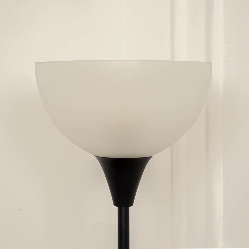 Divine Trends Uplighter Black Polished Finish Floor Lamp for Living Room with Frosted Glass Lampshade | Includes LED Warm Bulb | Hidden Wire Design | Uplight Corner Standing Lamp for Home | Pack of 1