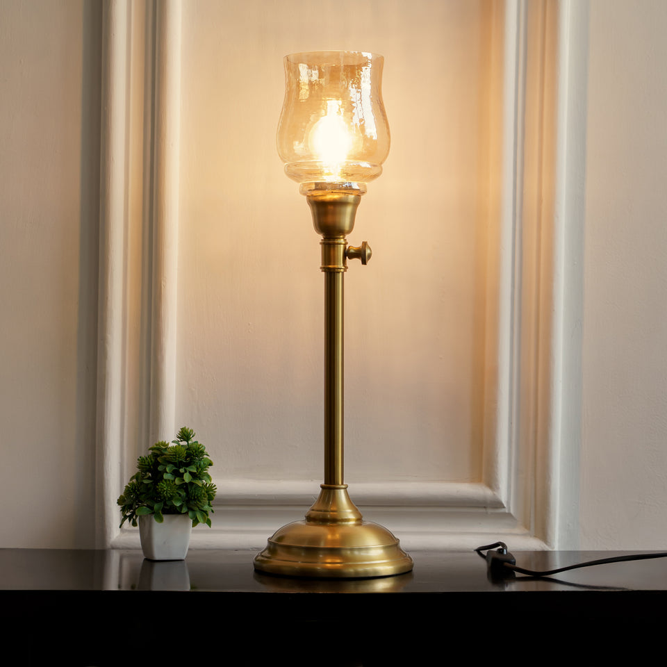 Divine Trends Brass Antique Finish Adjustable Height Table Lamp with Spiral Glass Golden Luster Shade