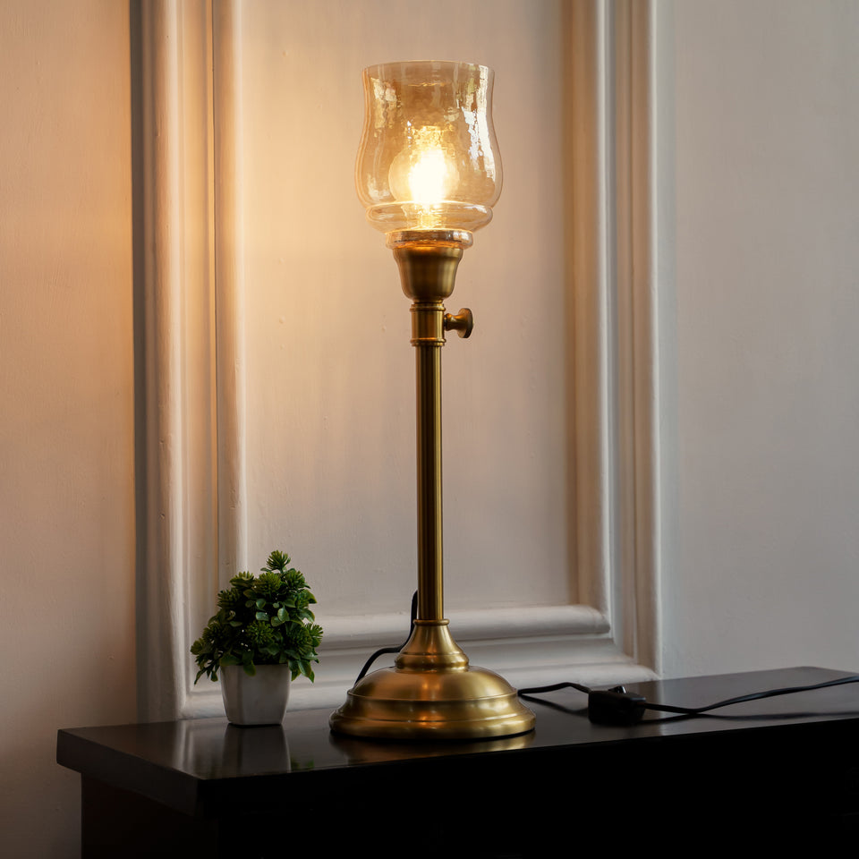 Divine Trends Brass Antique Finish Adjustable Height Table Lamp with Spiral Glass Golden Luster Shade