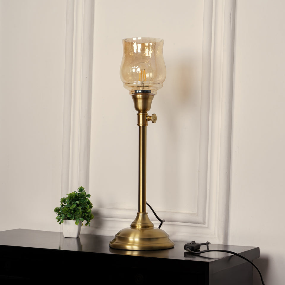 Divine Trends Brass Antique Finish Adjustable Height Table Lamp with Spiral Glass Golden Luster Shade