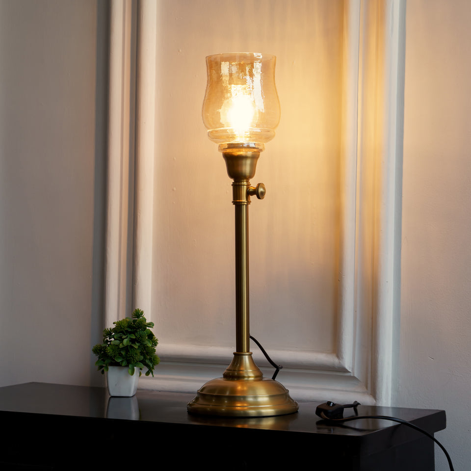 Divine Trends Brass Antique Finish Adjustable Height Table Lamp with Spiral Glass Golden Luster Shade