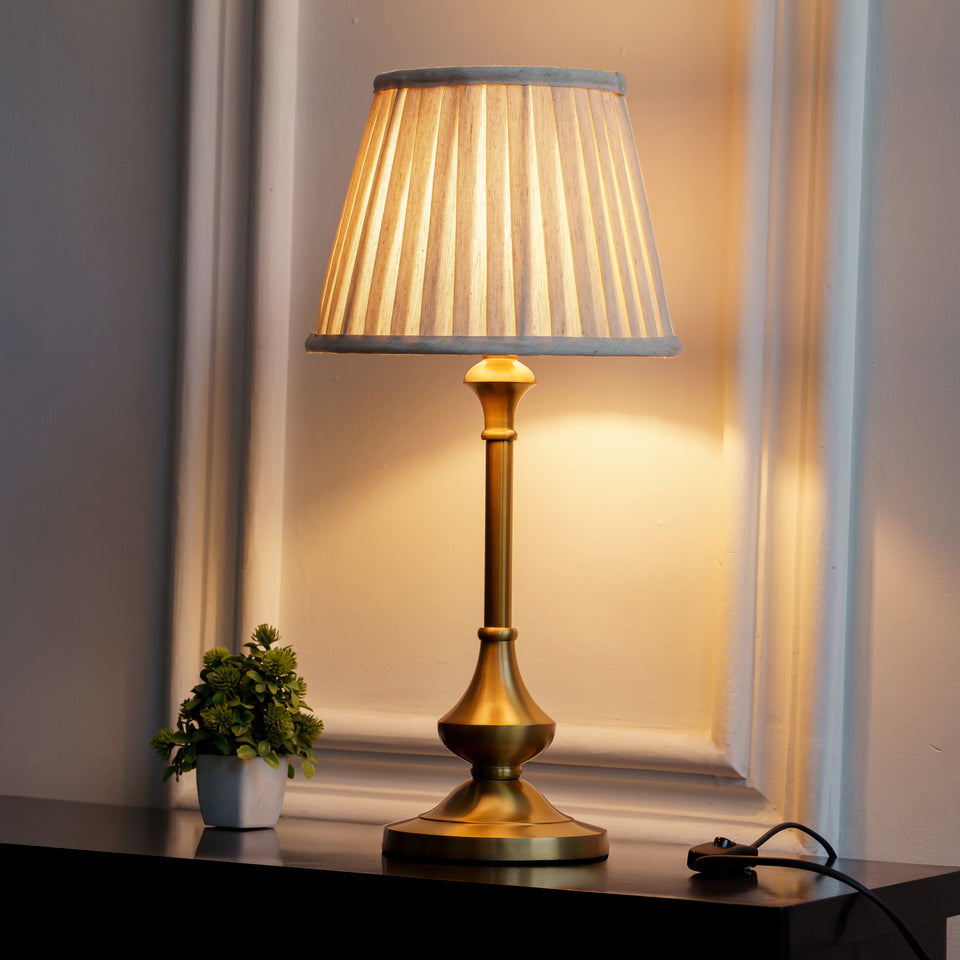 Divine Trends Brass Antique Gold Finish Table Lamp 22 Inches Height with Off White 10 Inches Diameter Pleated Off White Lampshade