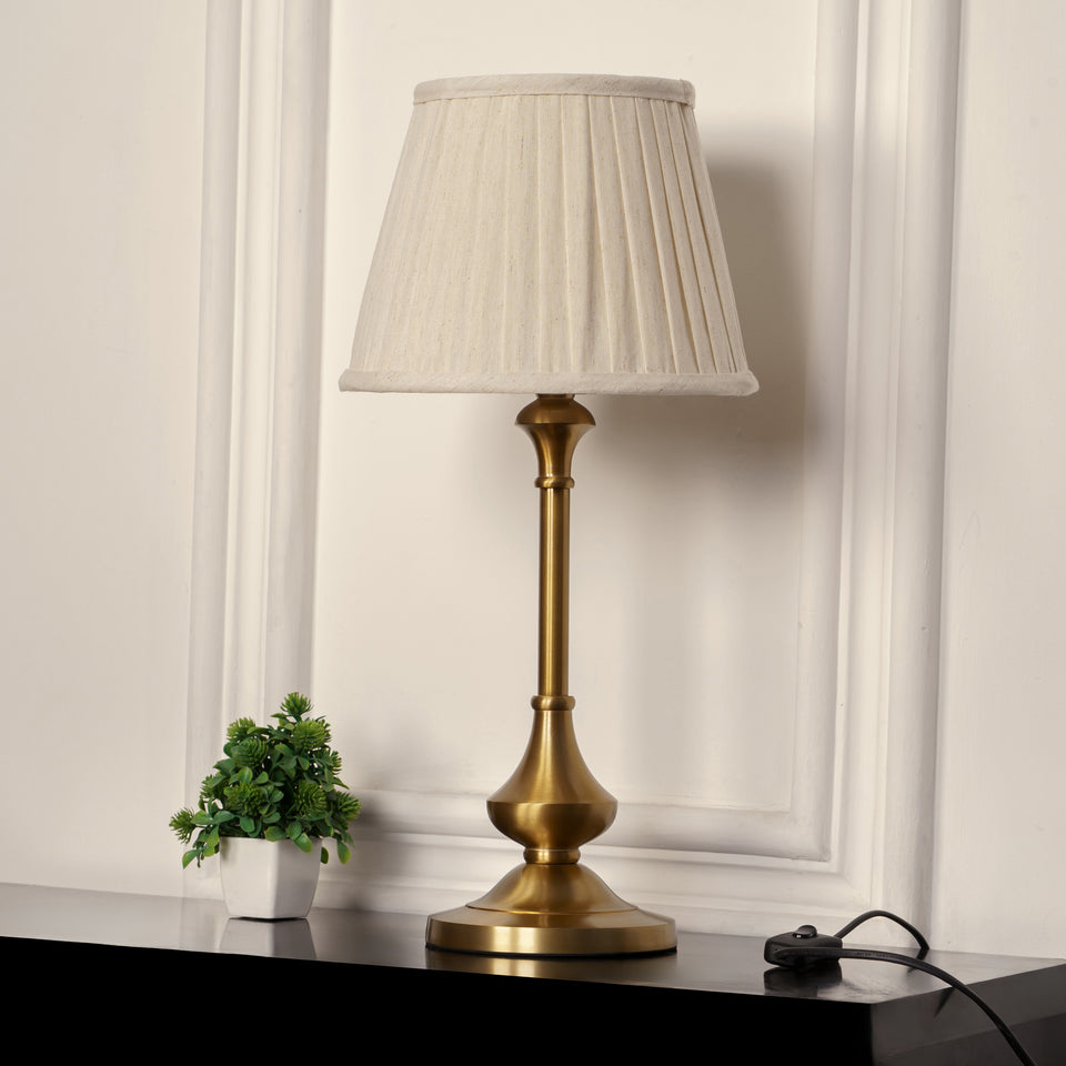 Divine Trends Brass Antique Gold Finish Table Lamp 22 Inches Height with Off White 10 Inches Diameter Pleated Off White Lampshade