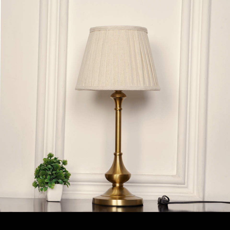 Divine Trends Brass Antique Gold Finish Table Lamp 22 Inches Height with Off White 10 Inches Diameter Pleated Off White Lampshade