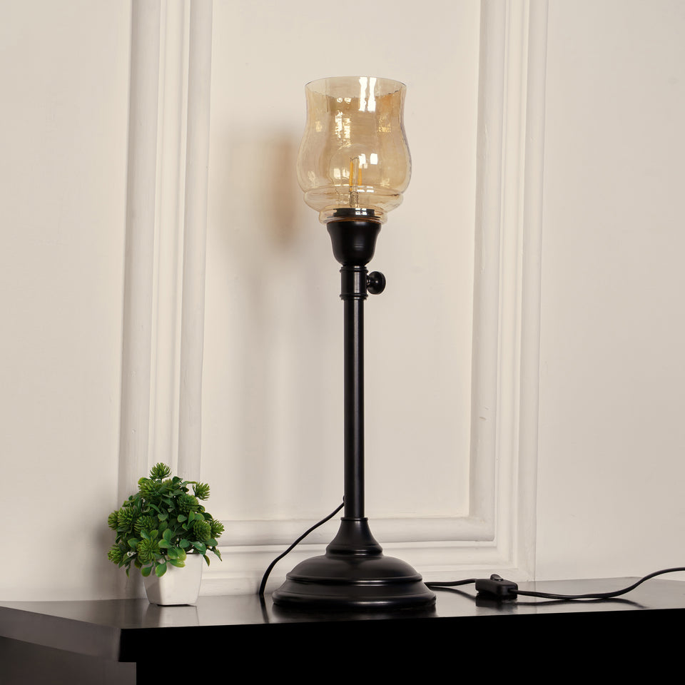 Divine Trends Black Polished Adjustable Height Table Lamp with Spiral Glass Golden Luster Shade