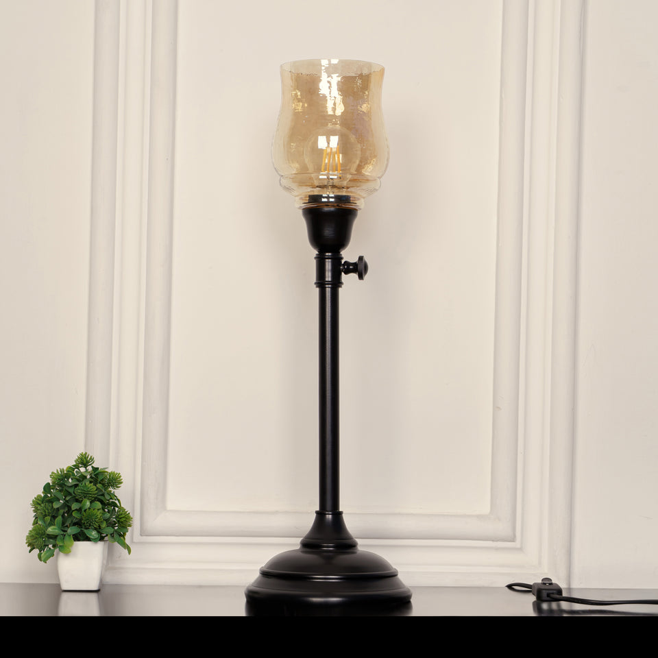 Divine Trends Black Polished Adjustable Height Table Lamp with Spiral Glass Golden Luster Shade