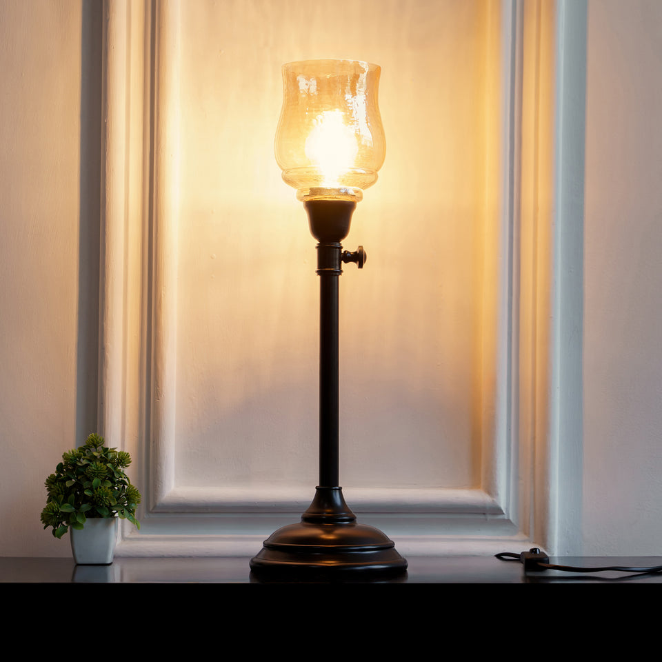 Divine Trends Black Polished Adjustable Height Table Lamp with Spiral Glass Golden Luster Shade