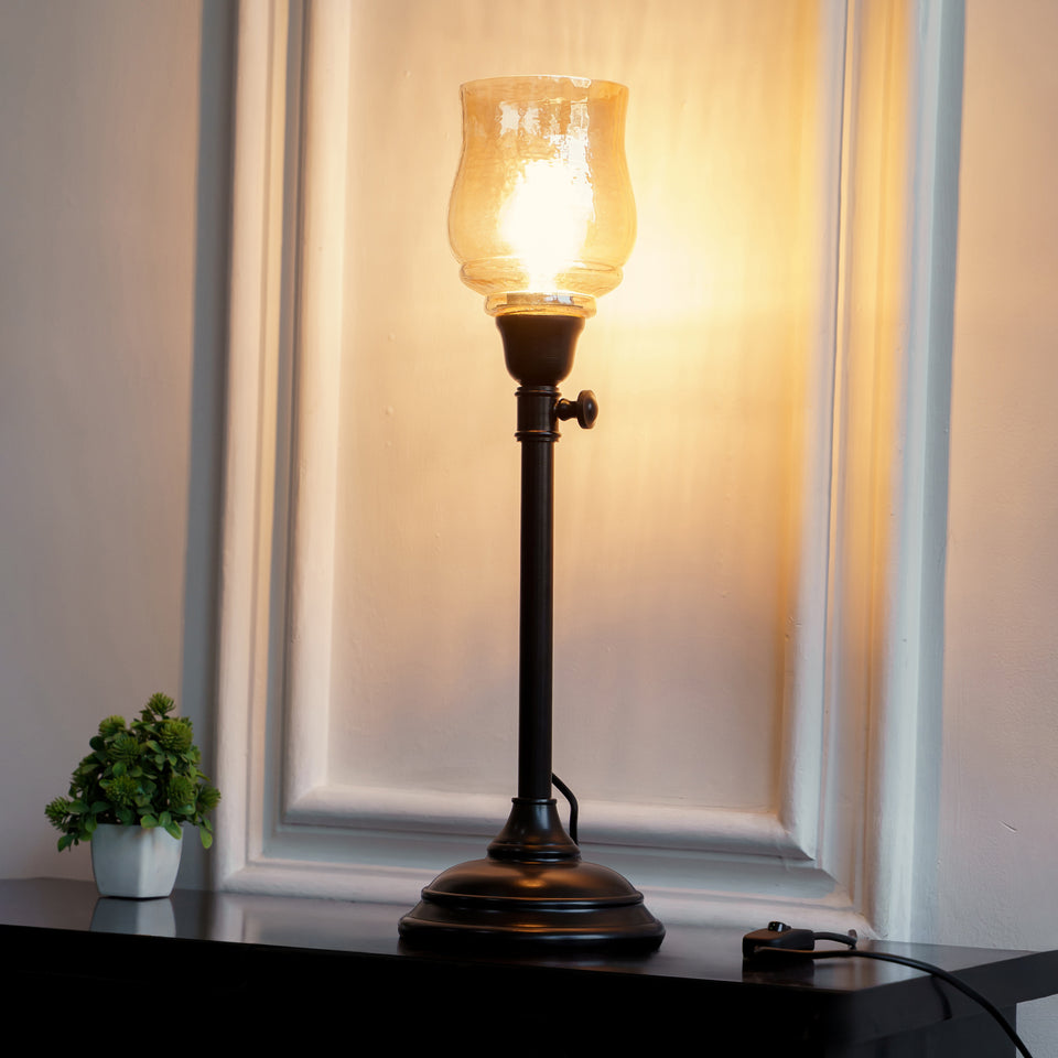 Divine Trends Black Polished Adjustable Height Table Lamp with Spiral Glass Golden Luster Shade