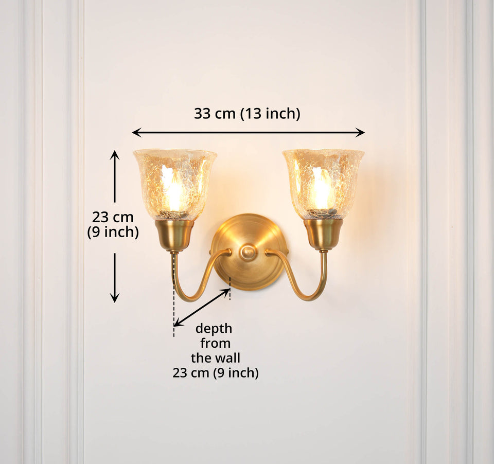 Divine Trends Brass Antique Finish Double Curved Wall Lamp with Cup Crackled Glass Shades