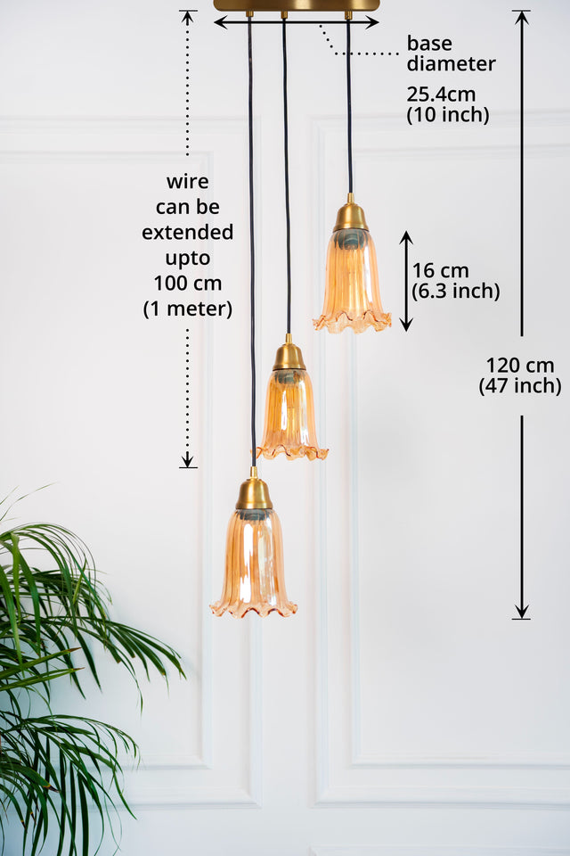 Divine Trends Brass Antique Finish Triple Pendant Hanging Glass Lamp with Fluted Flower Glass Golden Luster Shade