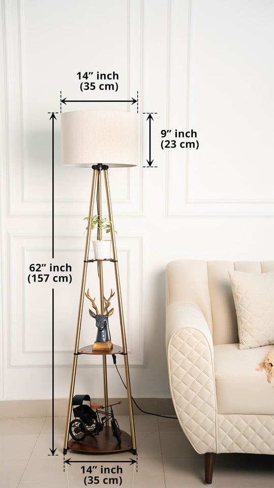 Divine Trends 3 Shelves Floor Lamp Brass Antique Finish 5 Feet Height with 14” Diameter Off White Drum Shade for Living Room, Bedroom, Home Decoration | Led Bulb Included - Pack of 1