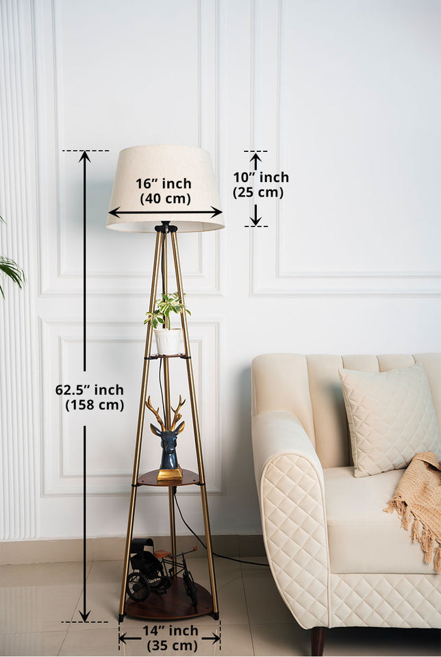 Divine Trends 3 Shelves Floor Lamp Brass Antique Finish 5 Feet Height with 16” Diameter Off White LampShade for Living Room, Bedroom, Home Decoration | Led Bulb Included - Pack of 1