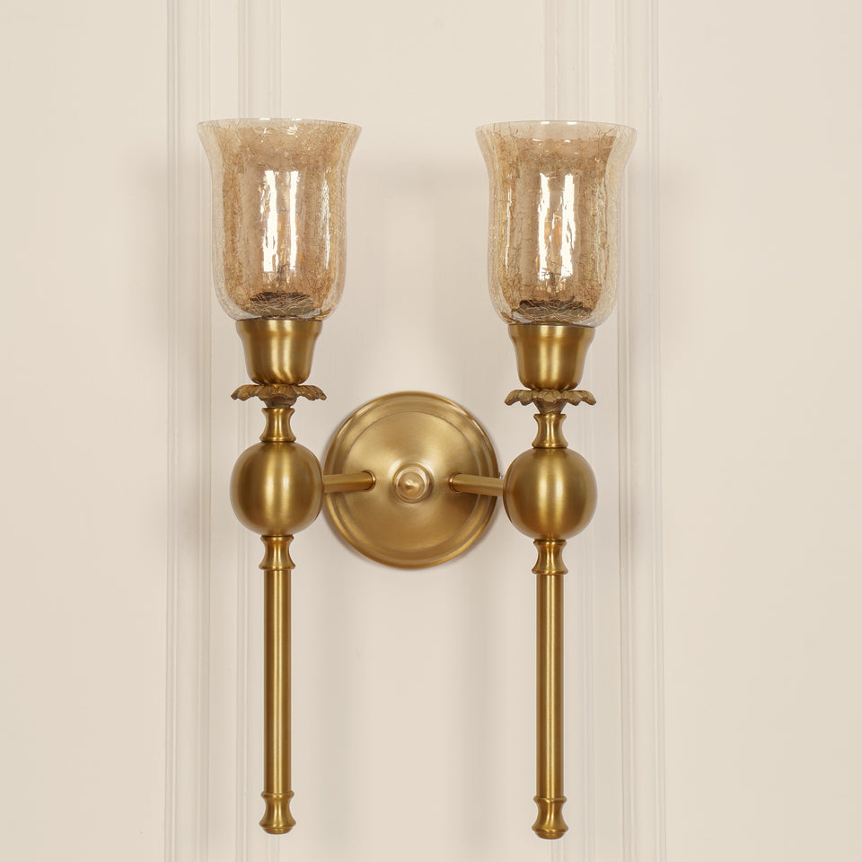 Divine Trends Brass Antique Finish Ball Wall Lamp with Chimney Crackled Glass Shades