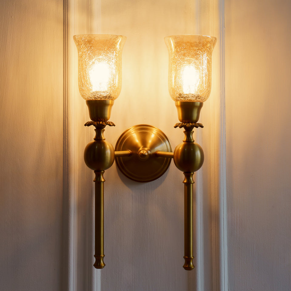 Divine Trends Brass Antique Finish Ball Wall Lamp with Chimney Crackled Glass Shades