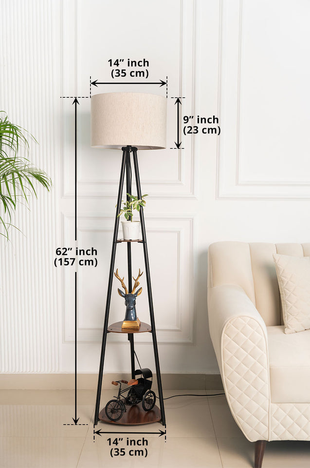 Divine Trends 3 Shelves Floor Lamp Black Polished 5 Feet Height with 14” Diameter Off White Drum Shade for Living Room, Bedroom, Home Decoration | Led Bulb Included - Pack of 1