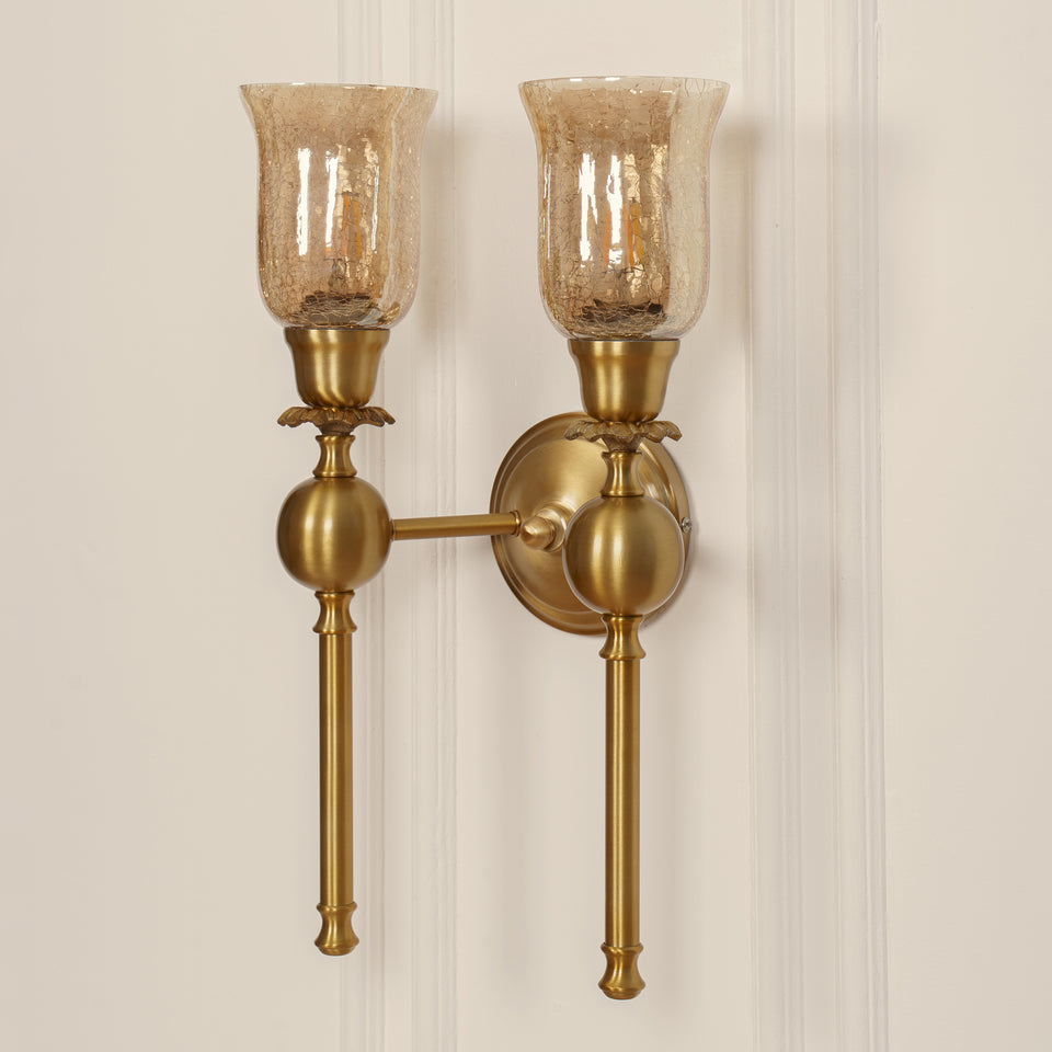 Divine Trends Brass Antique Finish Ball Wall Lamp with Chimney Crackled Glass Shades