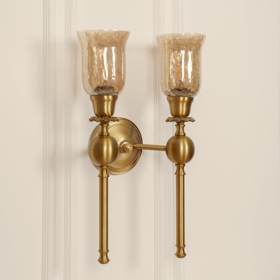 Divine Trends Brass Antique Finish Ball Wall Lamp with Chimney Crackled Glass Shades