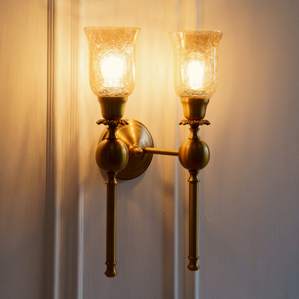 Divine Trends Brass Antique Finish Ball Wall Lamp with Chimney Crackled Glass Shades