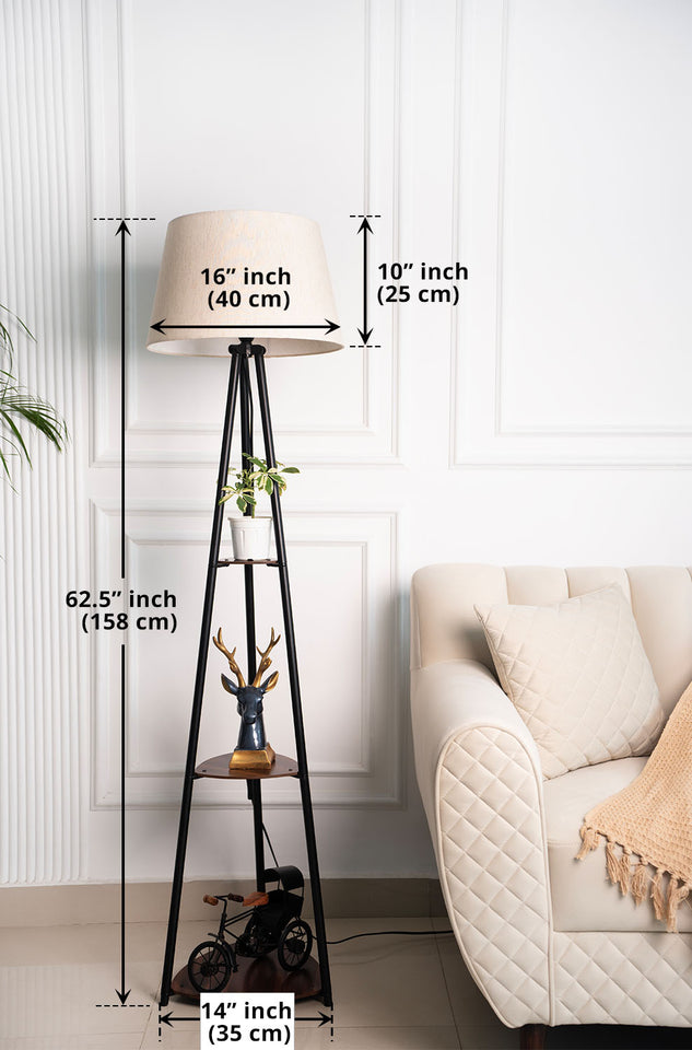 Divine Trends 3 Shelves Floor Lamp Black Polished 5 Feet Height with 16” Diameter Off White Shade for Living Room, Bedroom, Home Decoration | Led Bulb Included - Pack of 1