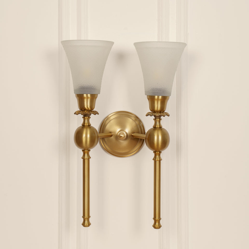 Divine Trends Brass Antique Finish Ball Wall Lamp with Frosted Hammered Glass Shades