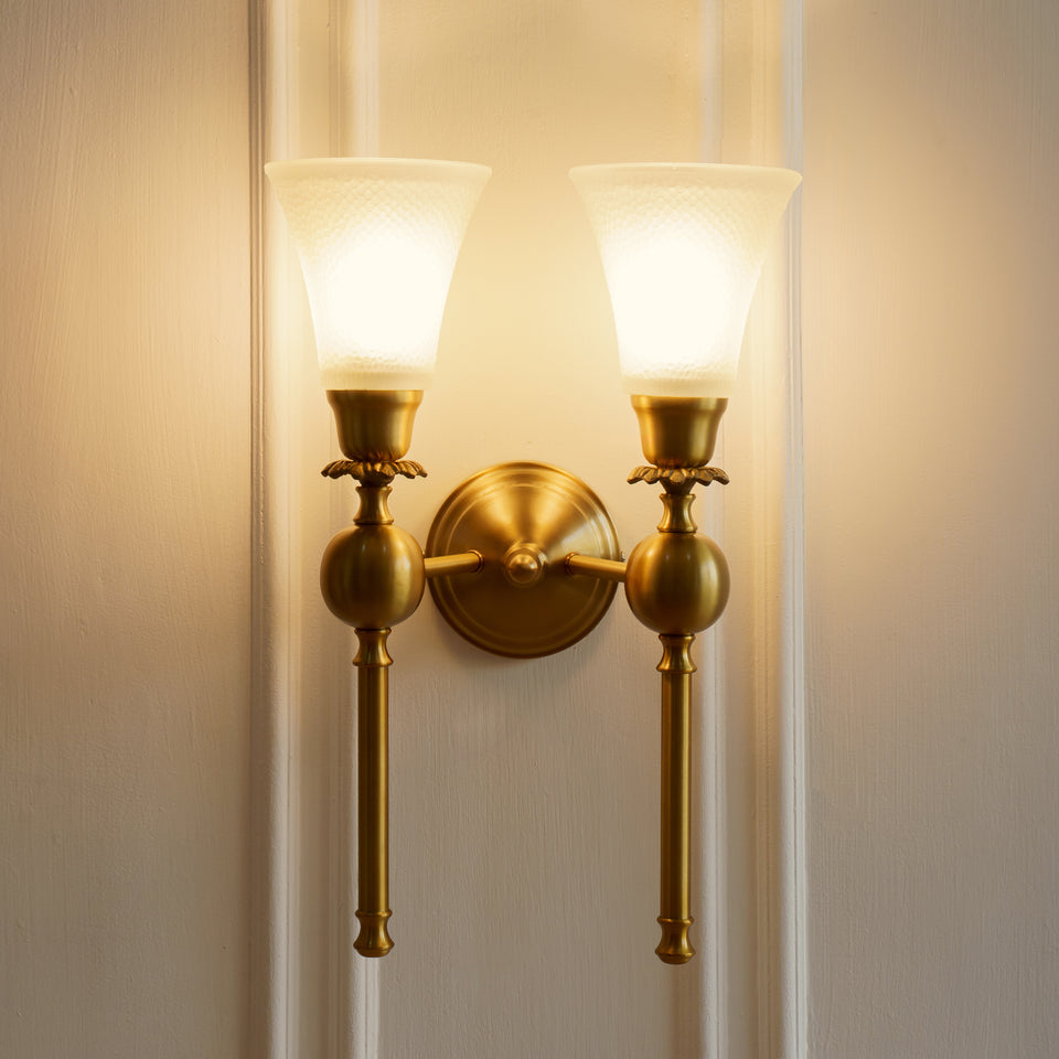 Divine Trends Brass Antique Finish Ball Wall Lamp with Frosted Hammered Glass Shades