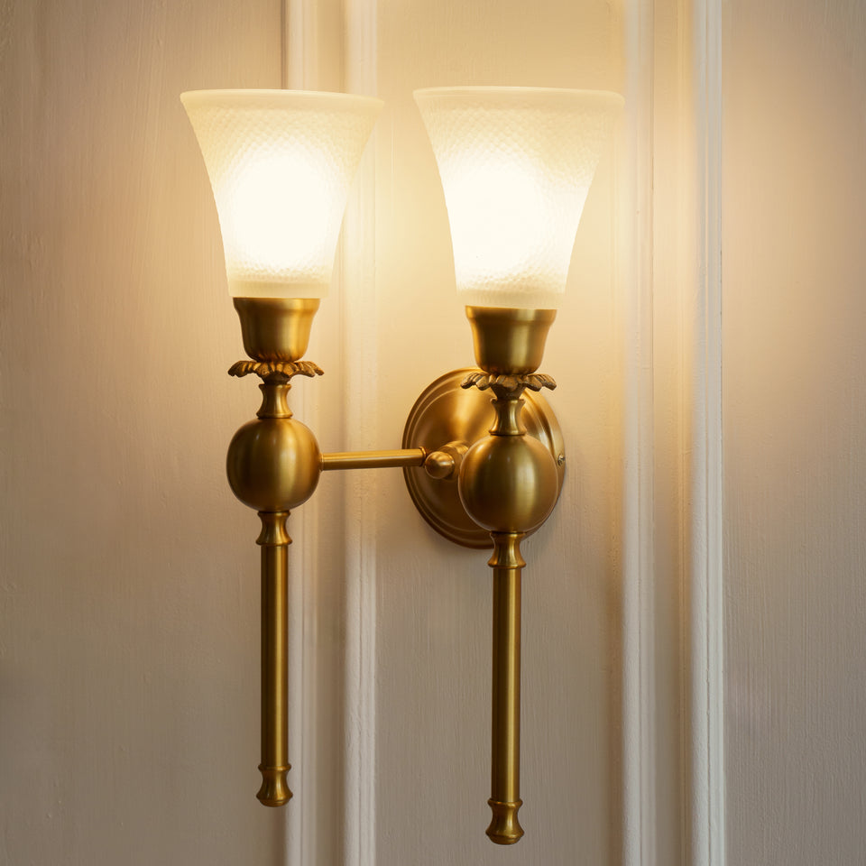 Divine Trends Brass Antique Finish Ball Wall Lamp with Frosted Hammered Glass Shades