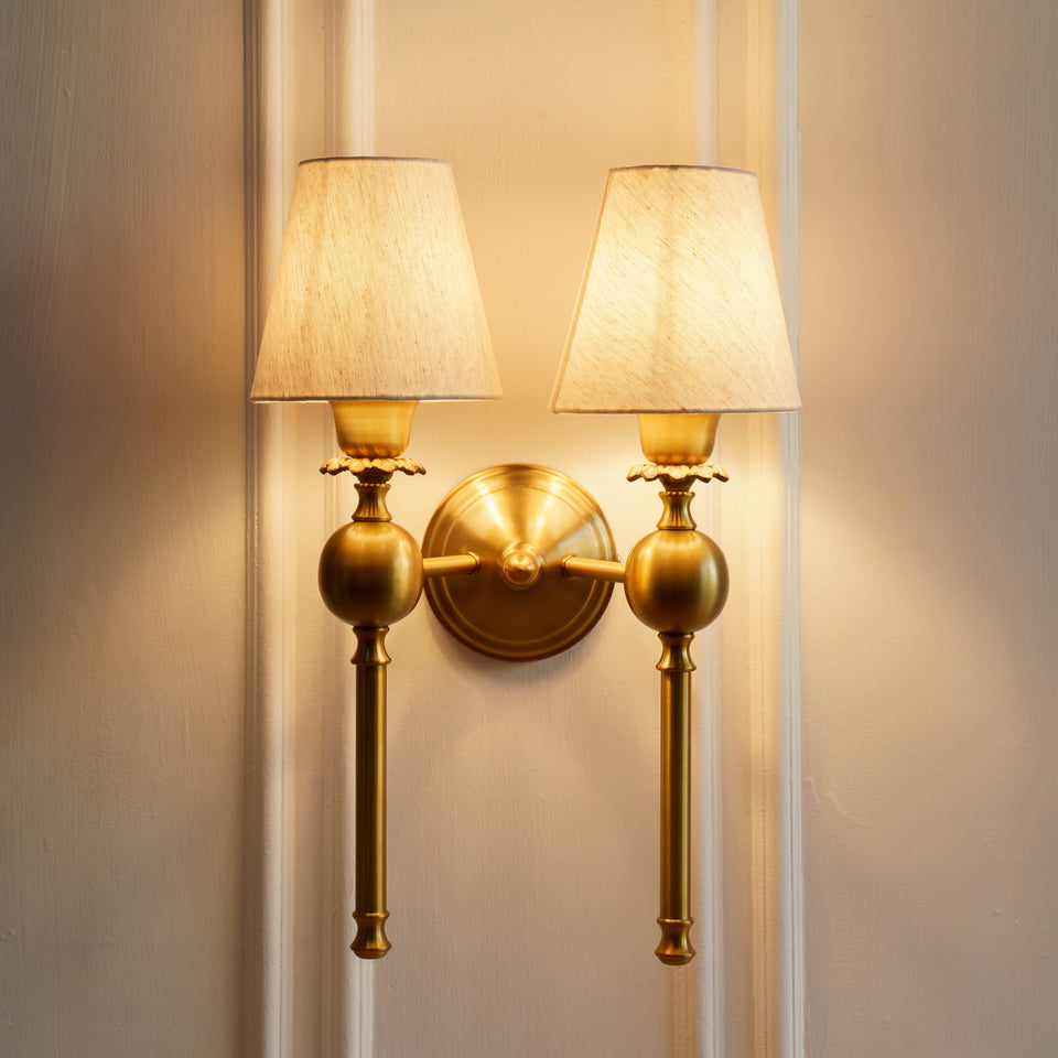 Divine Trends Brass Antique Finish Ball Wall Lamp with Off White Shades