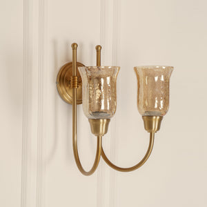 Divine Trends Brass Antique Finish Double Hockey Wall Lamp with Chimney Crackled Glass Shades- Reversable Design