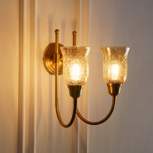 Divine Trends Brass Antique Finish Double Hockey Wall Lamp with Chimney Crackled Glass Shades- Reversable Design