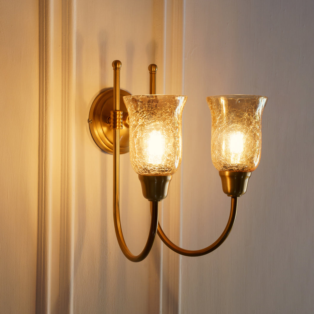 Divine Trends Brass Antique Finish Double Hockey Wall Lamp with Chimney Crackled Glass Shades- Reversable Design