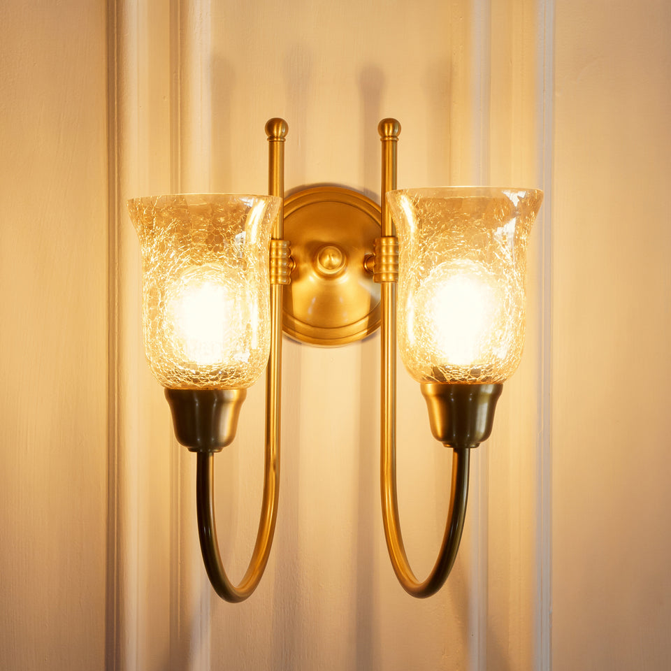 Divine Trends Brass Antique Finish Double Hockey Wall Lamp with Chimney Crackled Glass Shades- Reversable Design