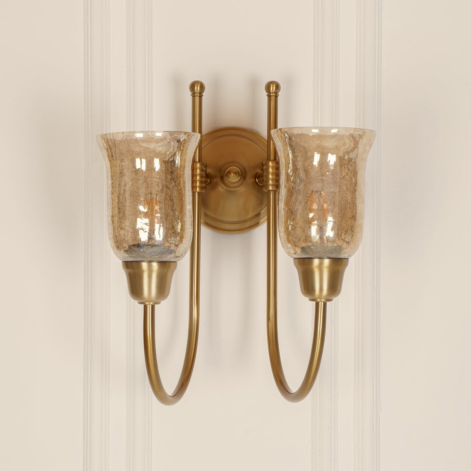 Divine Trends Brass Antique Finish Double Hockey Wall Lamp with Chimney Crackled Glass Shades- Reversable Design