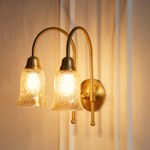Divine Trends Brass Antique Finish Double Hockey Wall Lamp with Chimney Crackled Glass Shades- Reversable Design