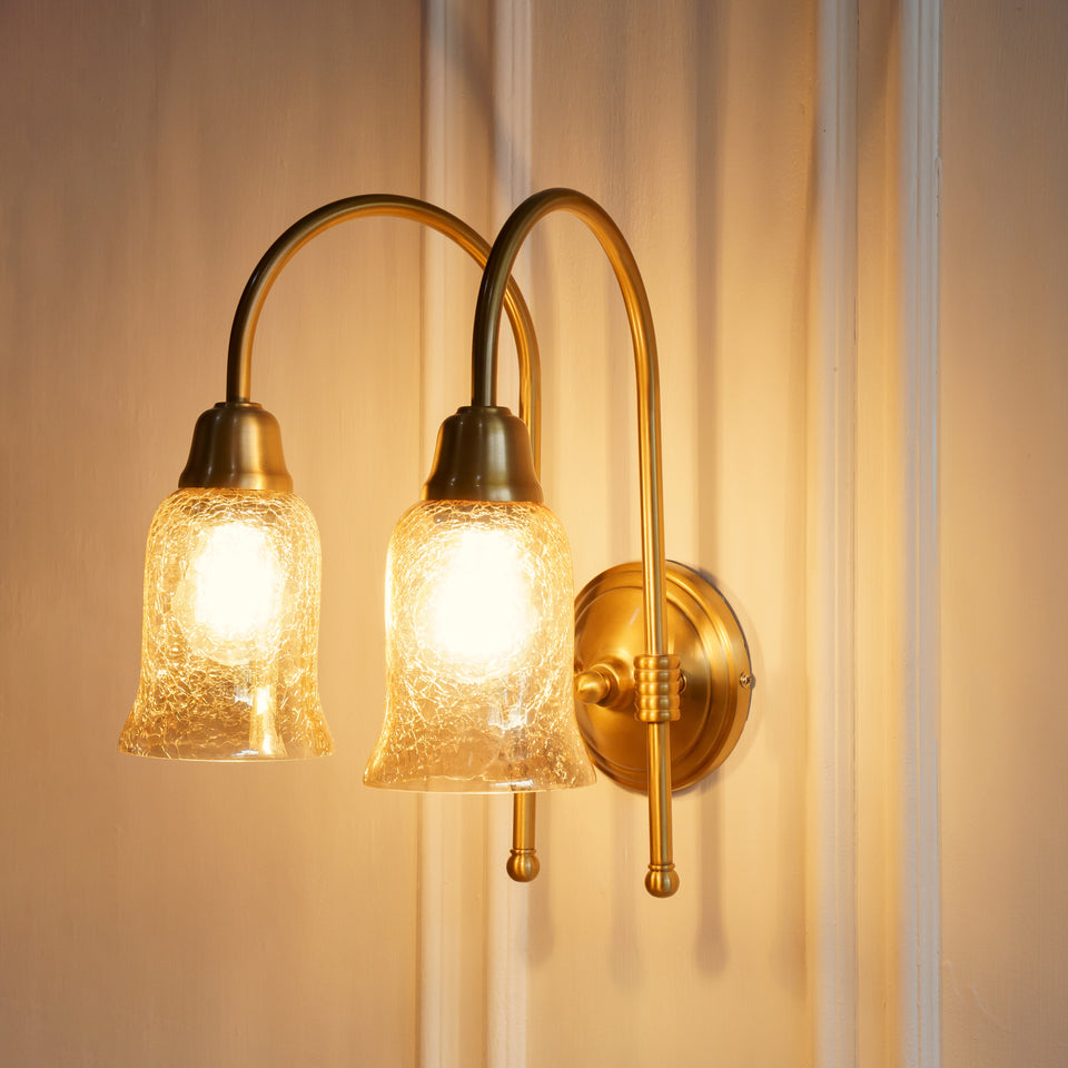 Divine Trends Brass Antique Finish Double Hockey Wall Lamp with Chimney Crackled Glass Shades- Reversable Design