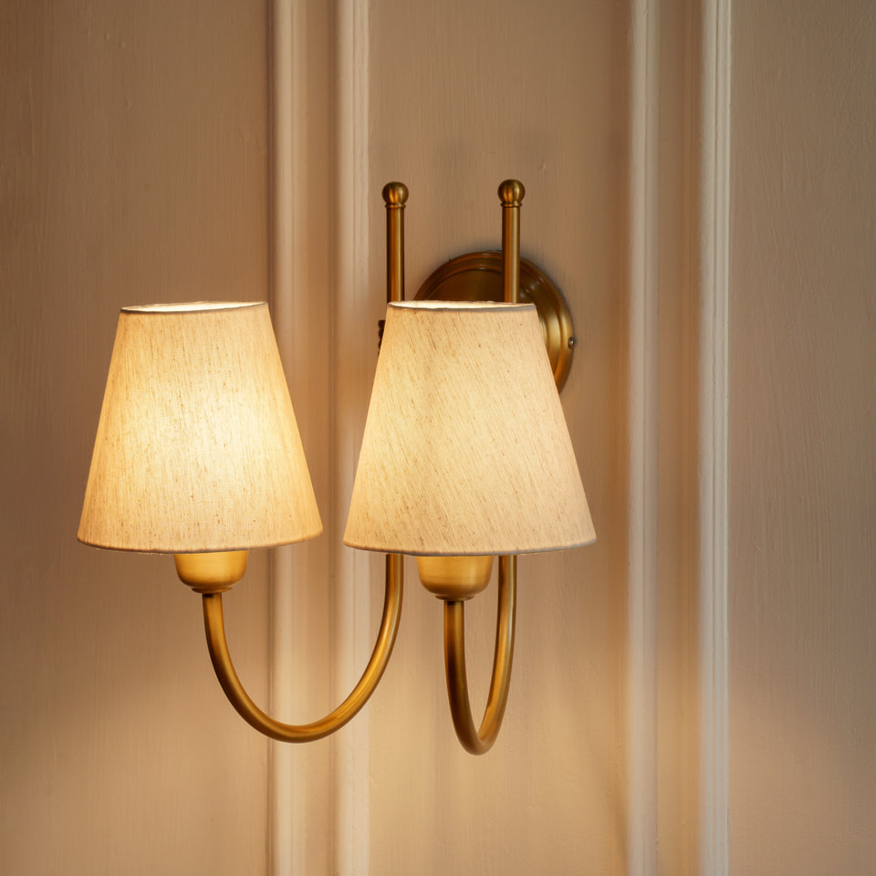 Divine Trends Brass Antique Finish Double Hockey Wall Lamp with Off White Shades
