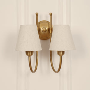 Divine Trends Brass Antique Finish Double Hockey Wall Lamp with Off White Shades