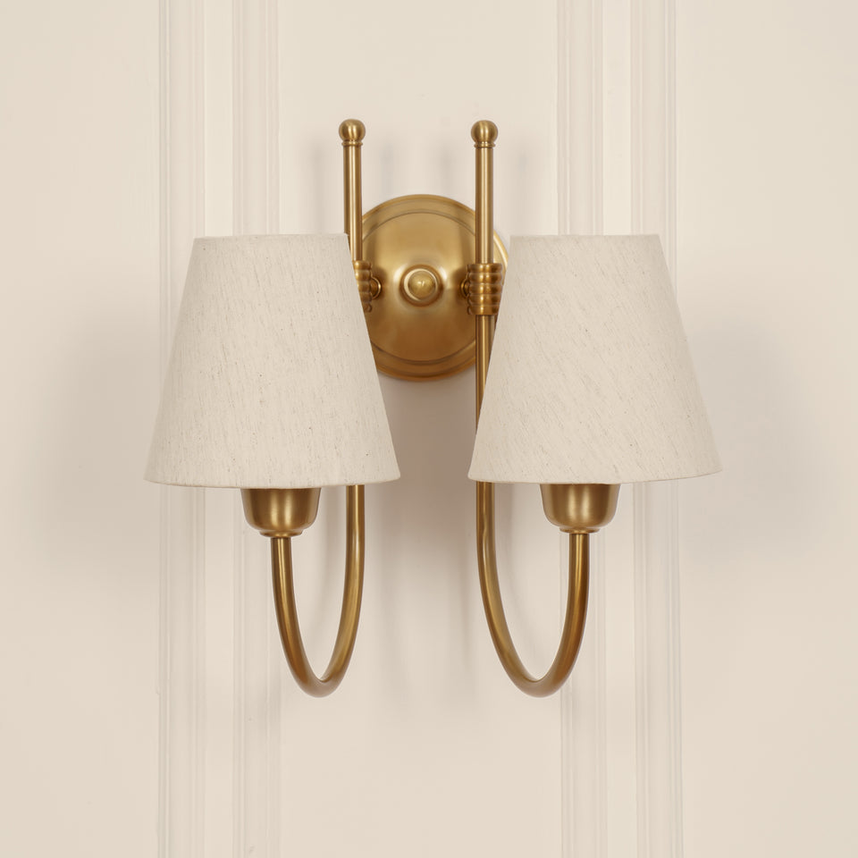 Divine Trends Brass Antique Finish Double Hockey Wall Lamp with Off White Shades