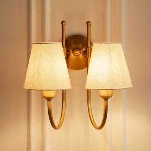 Divine Trends Brass Antique Finish Double Hockey Wall Lamp with Off White Shades