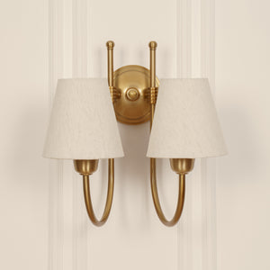 Divine Trends Brass Antique Finish Double Hockey Wall Lamp with Off White Shades