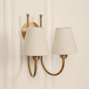 Divine Trends Brass Antique Finish Double Hockey Wall Lamp with Off White Shades