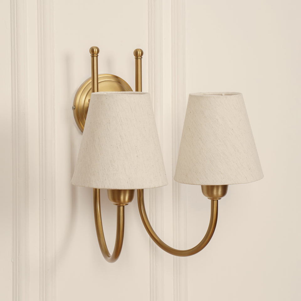 Divine Trends Brass Antique Finish Double Hockey Wall Lamp with Off White Shades