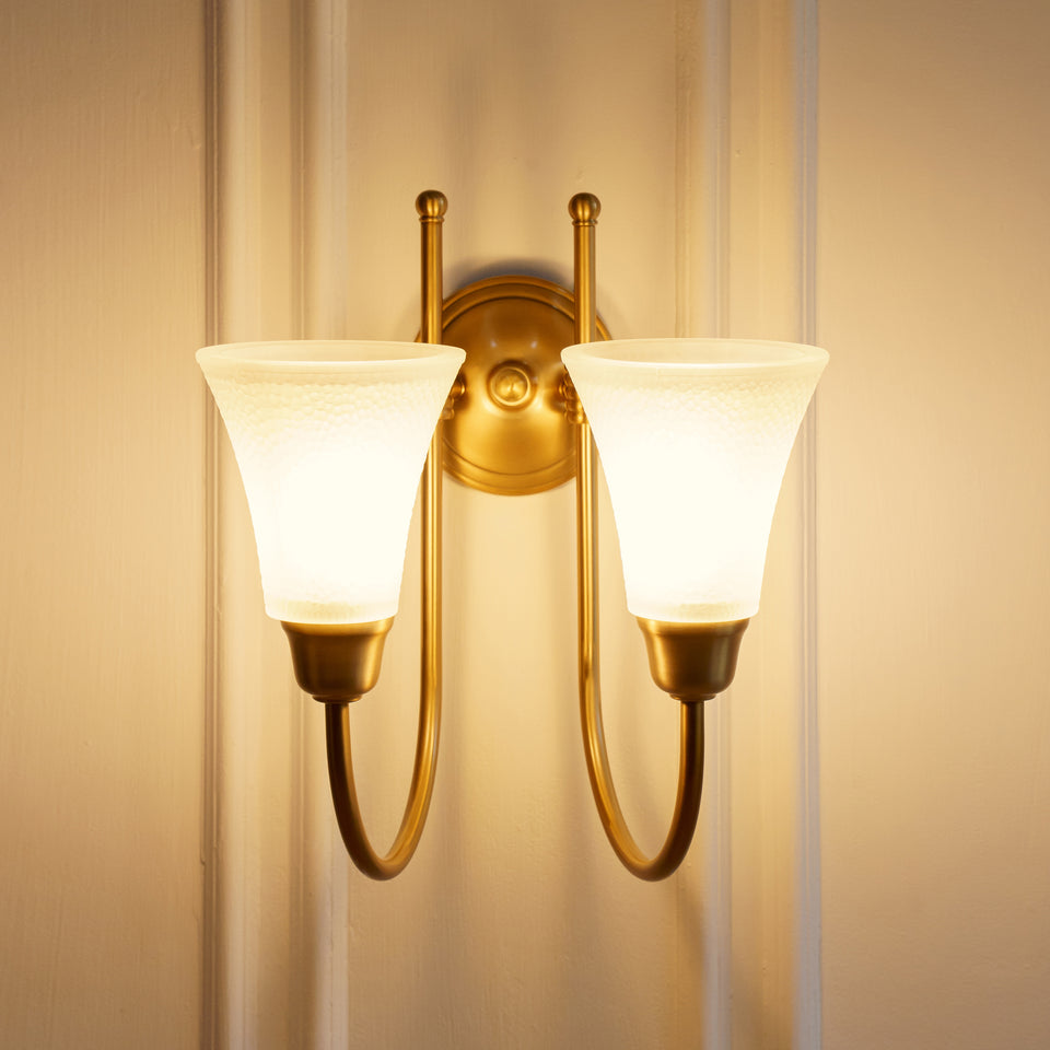 Divine Trends Brass Antique Finish Double Hockey Wall Lamp with Frosted Hammered Glass- with Reversable Design