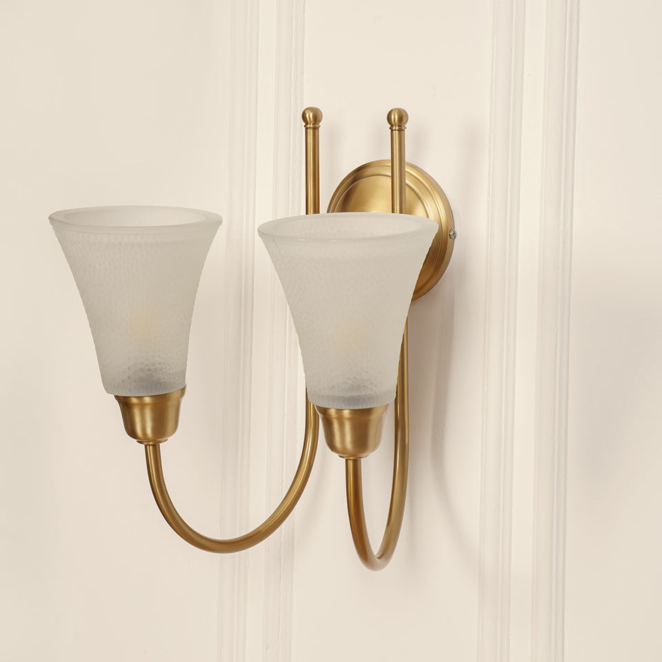 Divine Trends Brass Antique Finish Double Hockey Wall Lamp with Frosted Hammered Glass- with Reversable Design