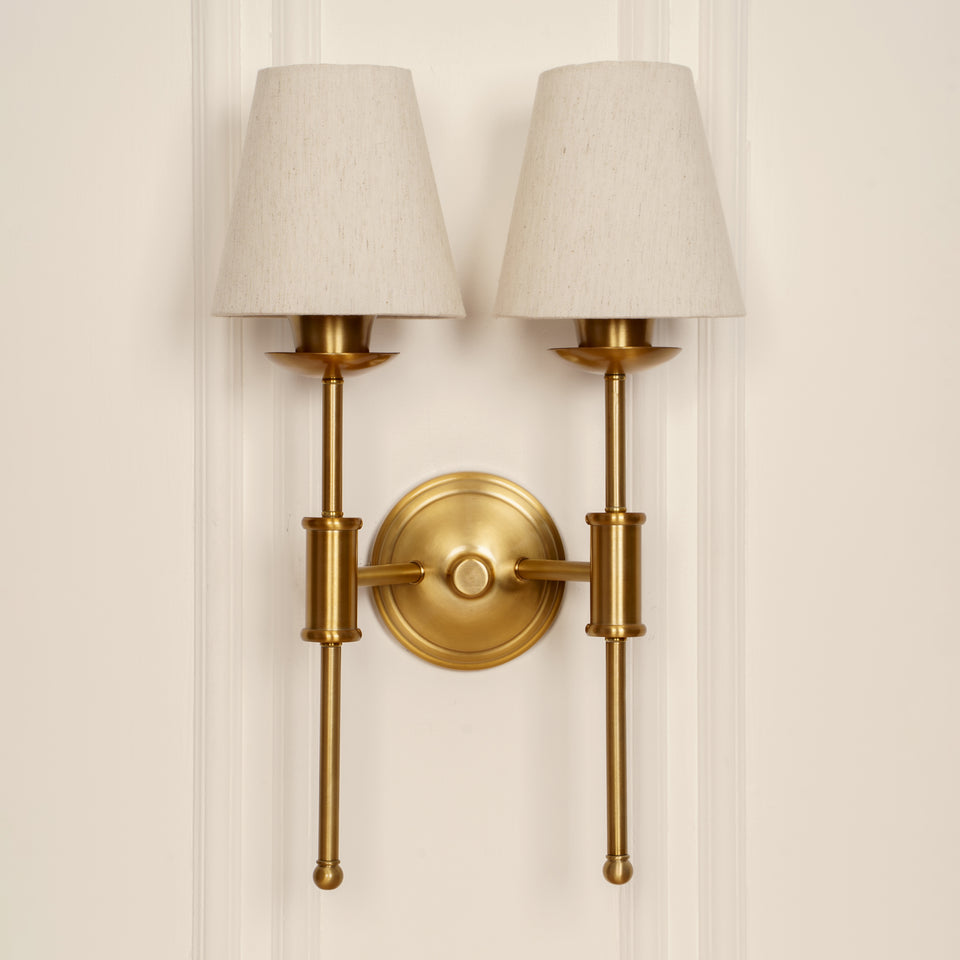 Divine Trends Brass Antique Finish Spacer Wall Lamp with Off White Lampshades