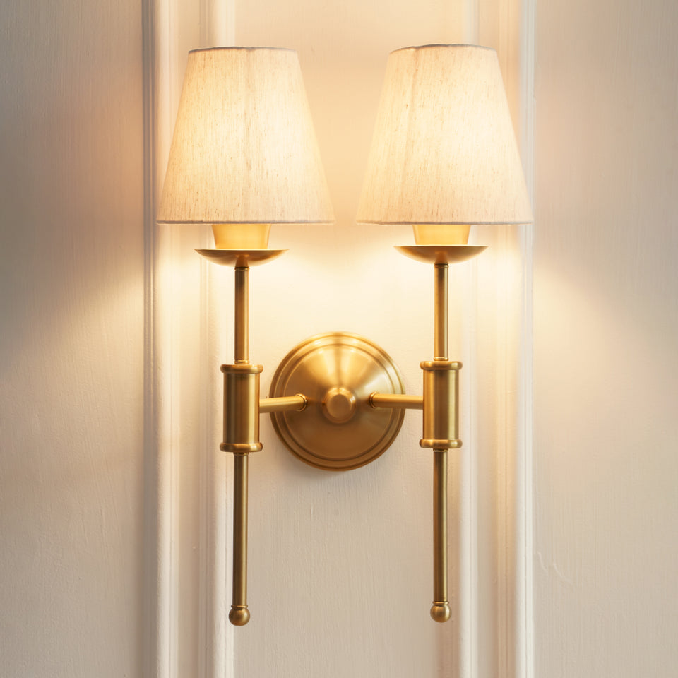 Divine Trends Brass Antique Finish Spacer Wall Lamp with Off White Lampshades
