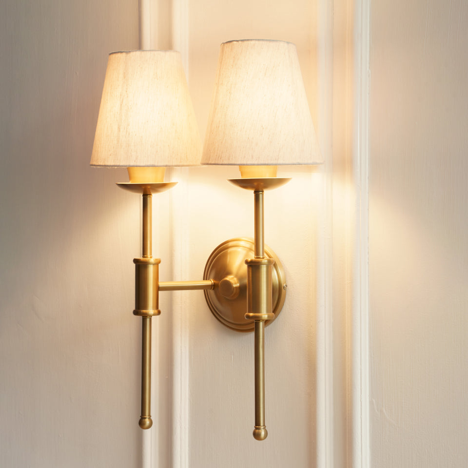 Divine Trends Brass Antique Finish Spacer Wall Lamp with Off White Lampshades