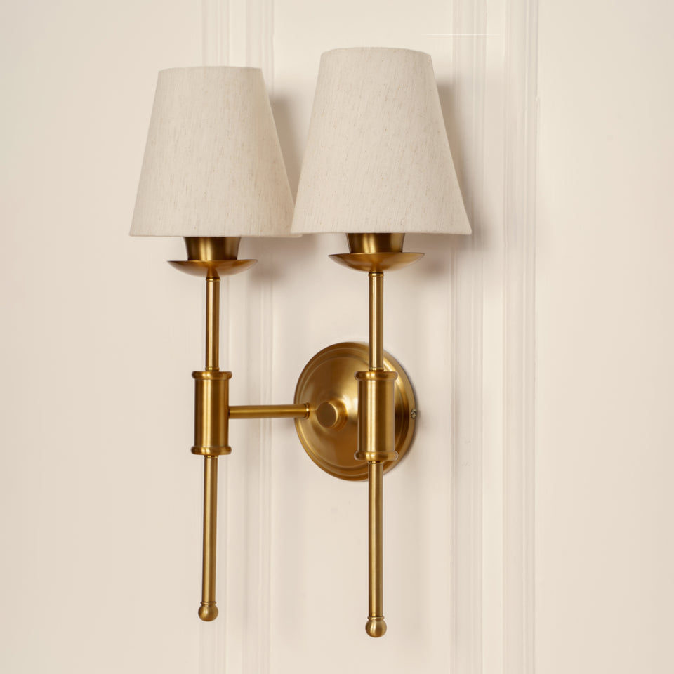 Divine Trends Brass Antique Finish Spacer Wall Lamp with Off White Lampshades