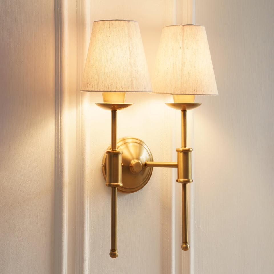 Divine Trends Brass Antique Finish Spacer Wall Lamp with Off White Lampshades