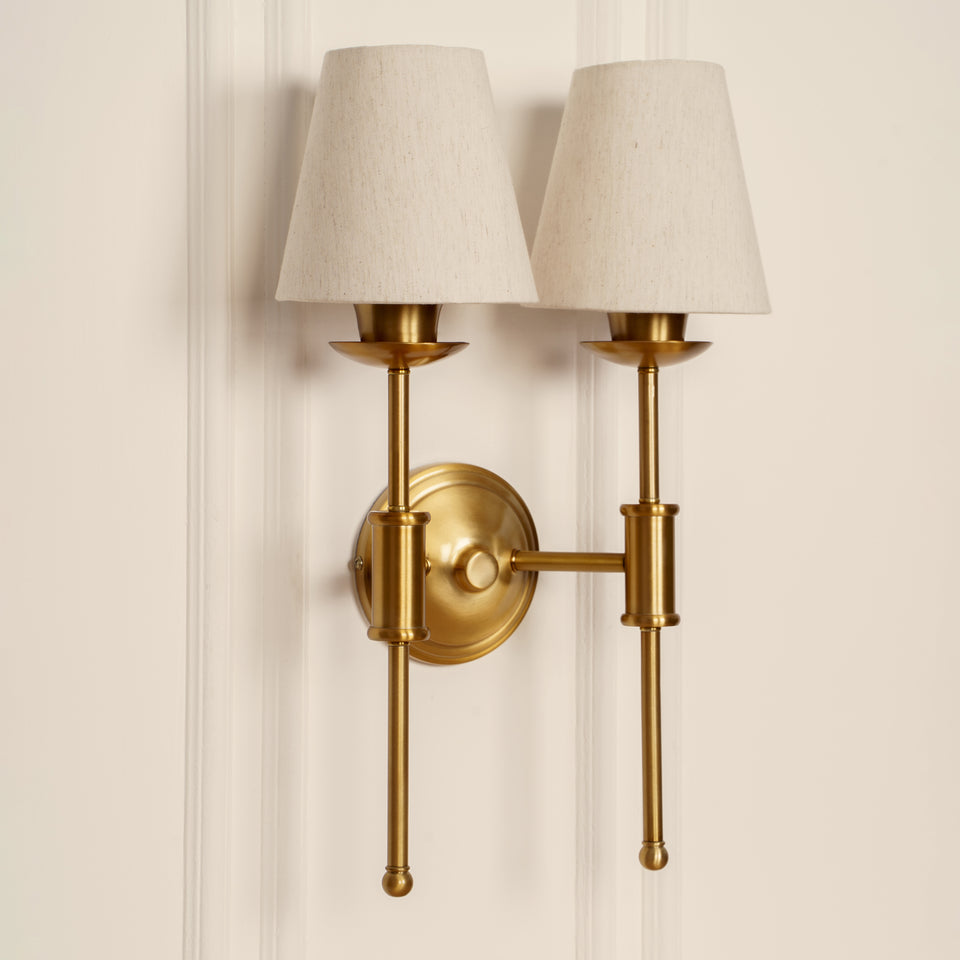 Divine Trends Brass Antique Finish Spacer Wall Lamp with Off White Lampshades